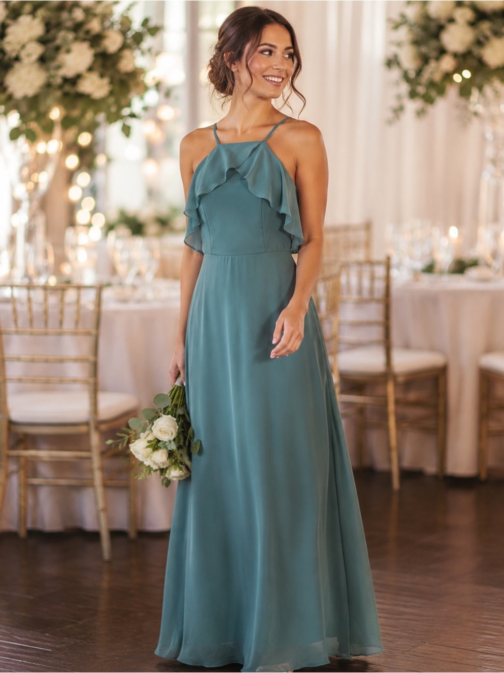 Birdy Grey Bridesmaid Dress Size S Sage Green Pockets Halter Ruffle Maxi Wedding